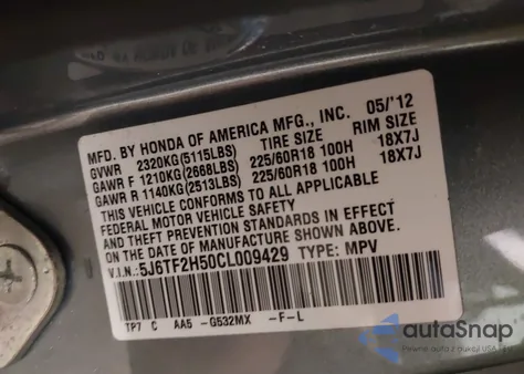 2012 Honda Crosstour Ex-L из США, поврежденный, VIN 5J6TF2H50CL009429